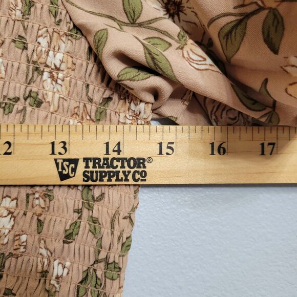 AUGUST SKY Womens Beige Floral Smocked Flutter Sleeve Midi Dress Cottagecore SM - Picture 7 of 7